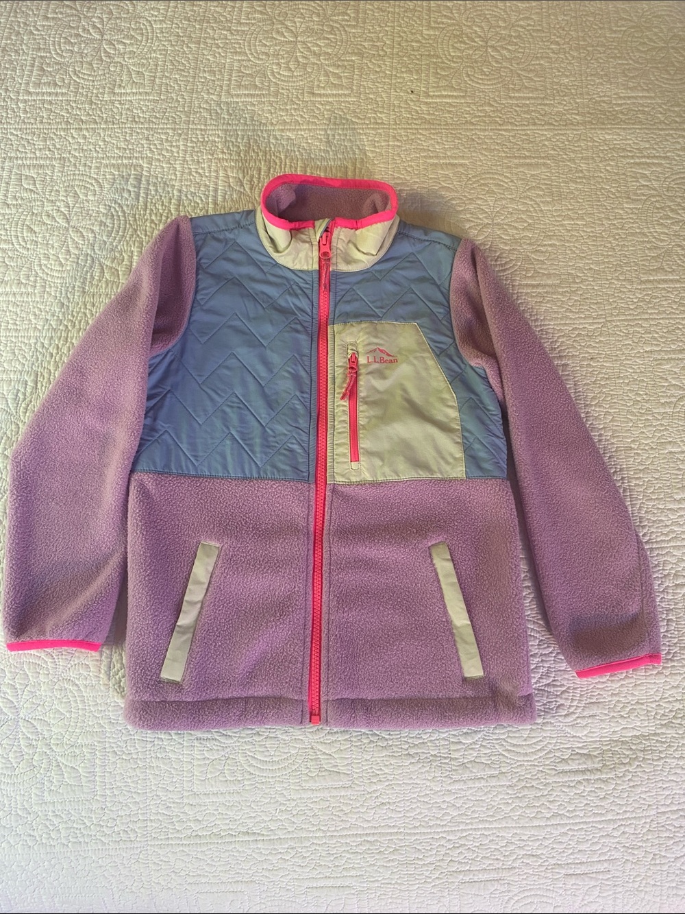 L.L. Bean Lavender Fleece Jacket with Blue Quilted Yoke and Pink Trim